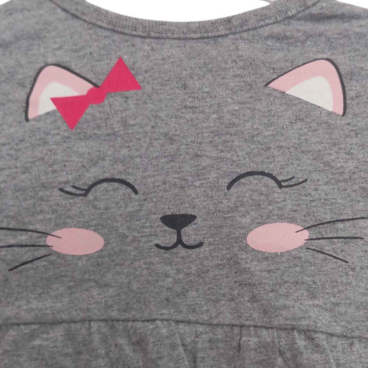 T-shirt bébé fille Pommette gris manches longues chat à nœud rose – 6 mois