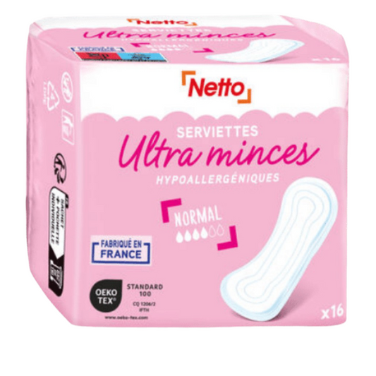 Serviettes hygiéniques ultra minces hypoallergéniques flux normal Fabriquées en France (X16)