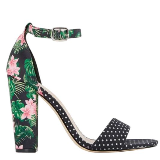 Sandales à talon JustFab Lena Noir Fleuri – Taille 40,5 – Talon 11 cm Femme