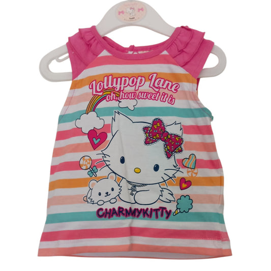 T-shirt sans manches bébé fille Hello Kitty rayé rose blanc turquoise orange – 6 mois