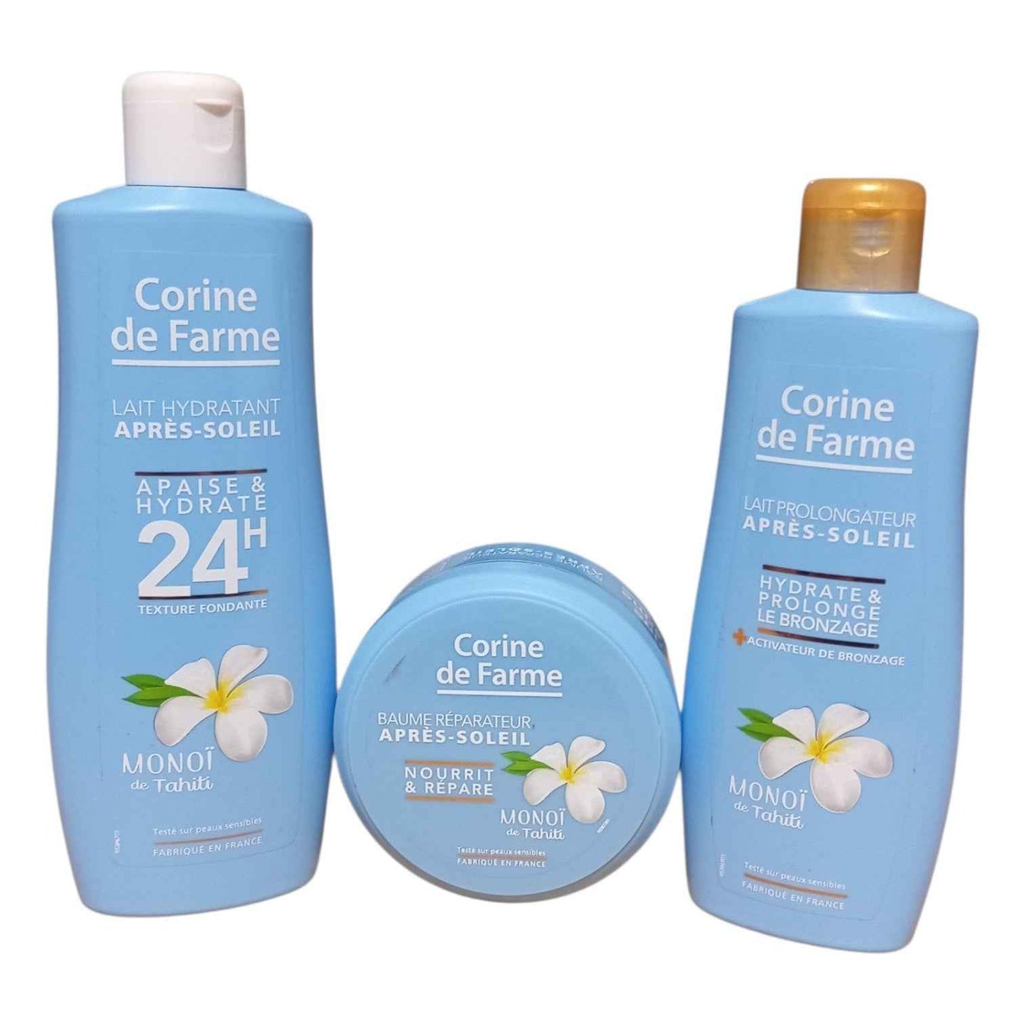 Soins Après-Soleil Corine de Farme Monoï de Tahiti – Lait Hydratant, Lait Prolongateur de Bronzage et Baume Réparateur