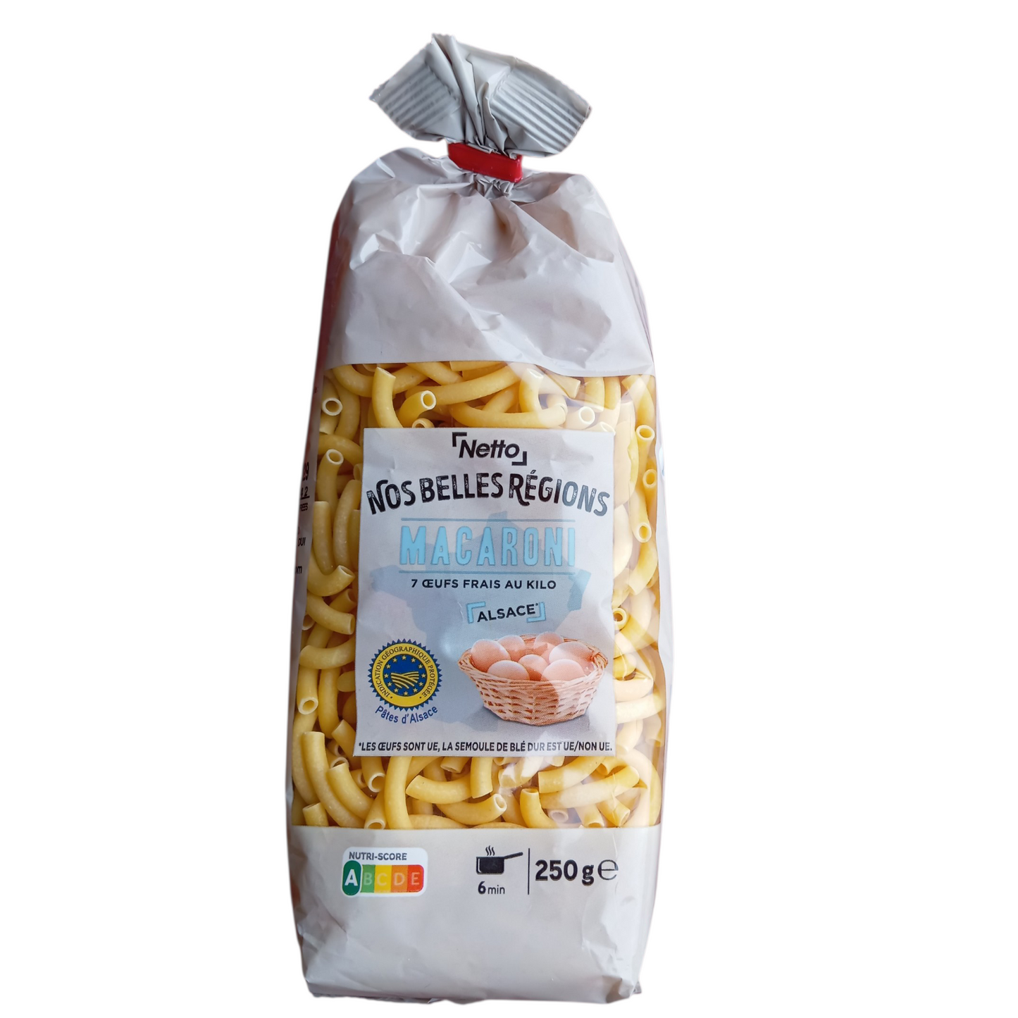 Pâtes Nos Belles Régions Netto 250 g Macaroni ou spaghetti fabriqués en Alsace