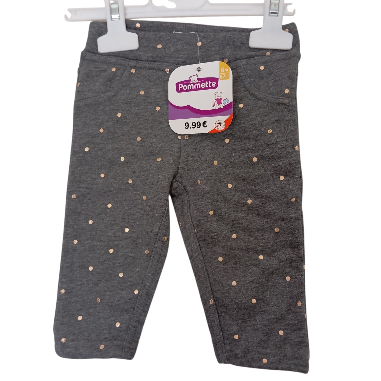 Pantalon Gris à Pois Dorés Bébé Fille – 6 et 9 Mois – 85 % Coton – Idéal Crèche et Rentrée