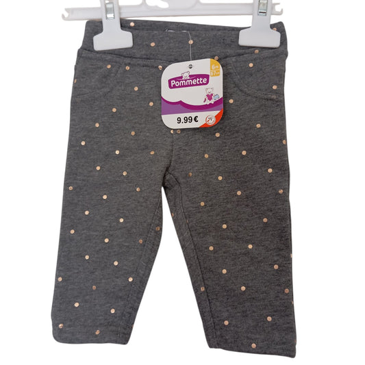 Pantalon Gris à Pois Dorés Bébé Fille – 6 et 9 Mois – 85 % Coton – Idéal Crèche et Rentrée