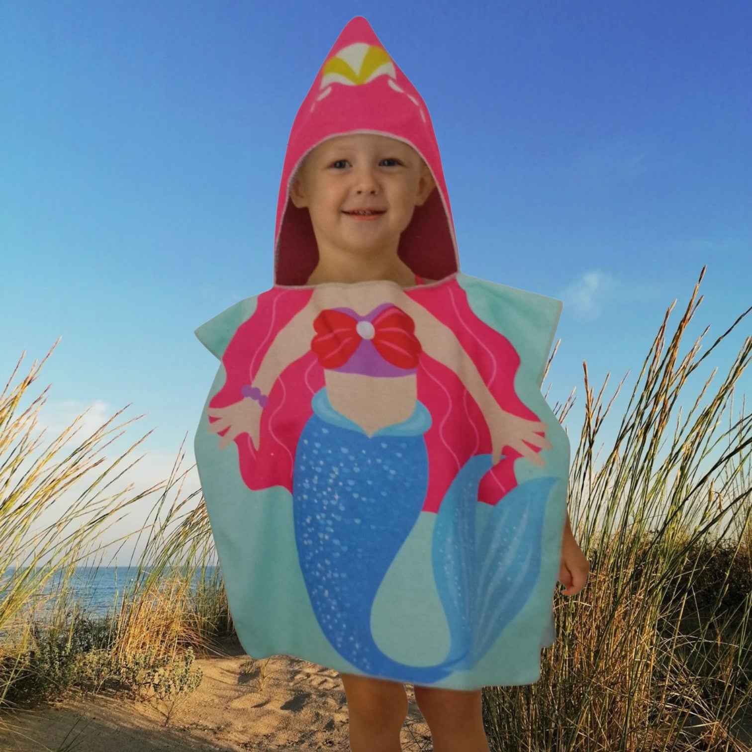 Poncho de Plage Enfant Sirène avec Capuche 4-6 Ans – 58 x 57 cm