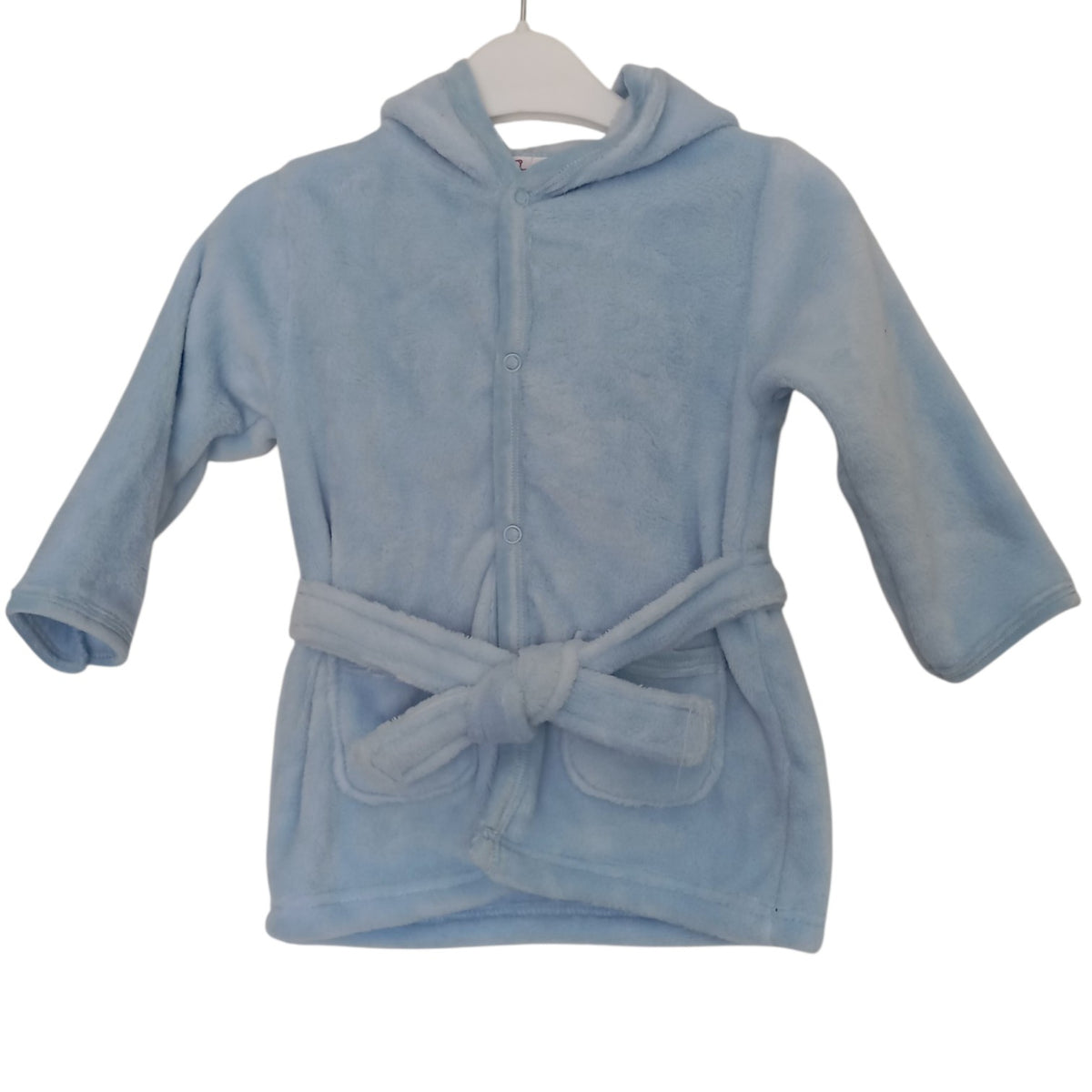 Robe de chambre bébé Pommette bleu clair 9/12 mois – motif sourire et oreilles sur capuche