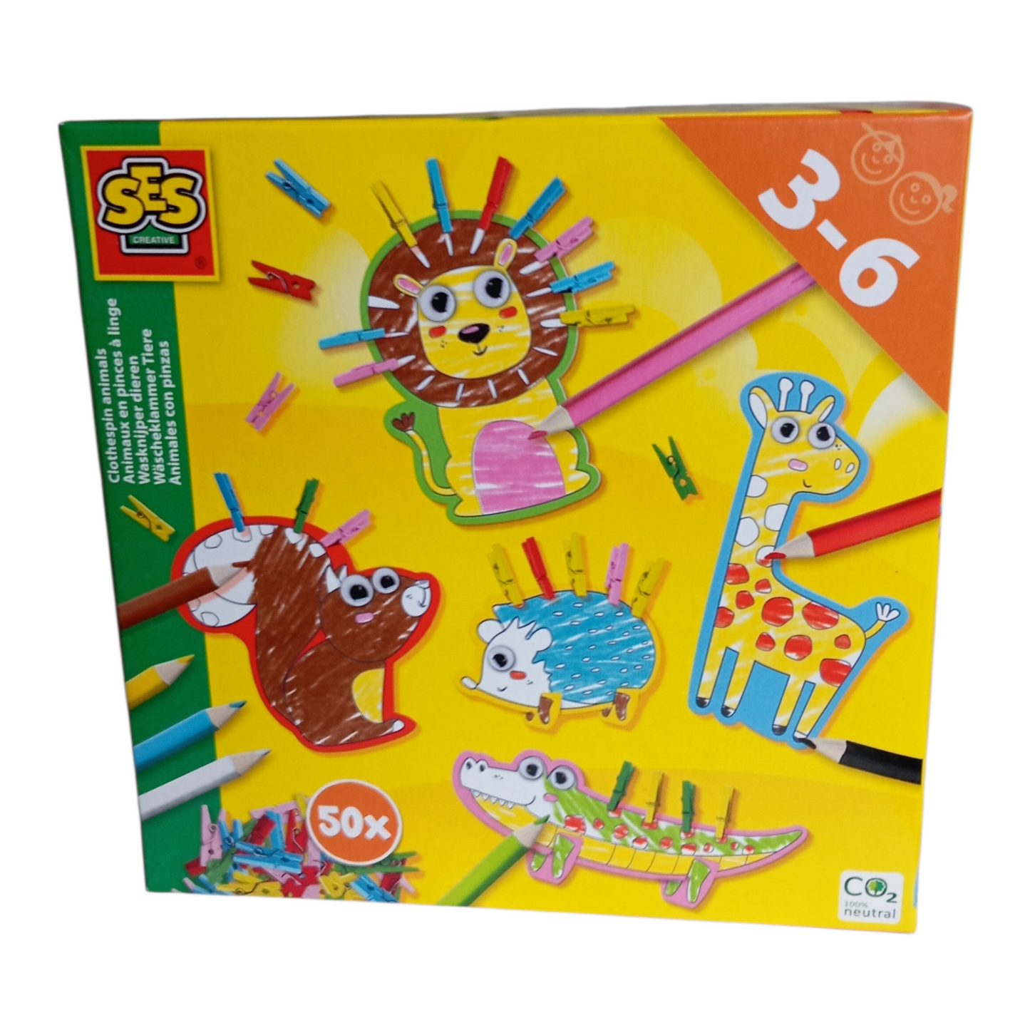SES – Kit Pinces à Linge Animaux avec Crayons et Autocollants