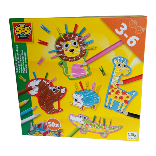 SES – Kit Pinces à Linge Animaux avec Crayons et Autocollants