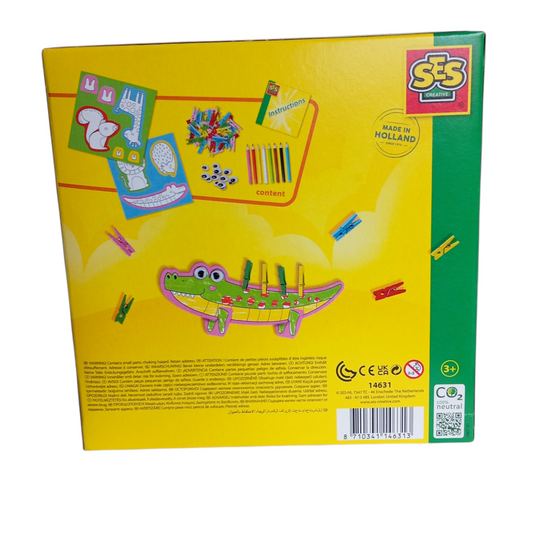 SES – Kit Pinces à Linge Animaux avec Crayons et Autocollants