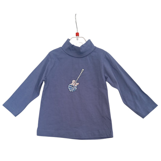 T-shirt Bébé Bleu à Manches Longues Col Roulé avec Guitare – 100 % Coton – 6, 12 et 18 Mois