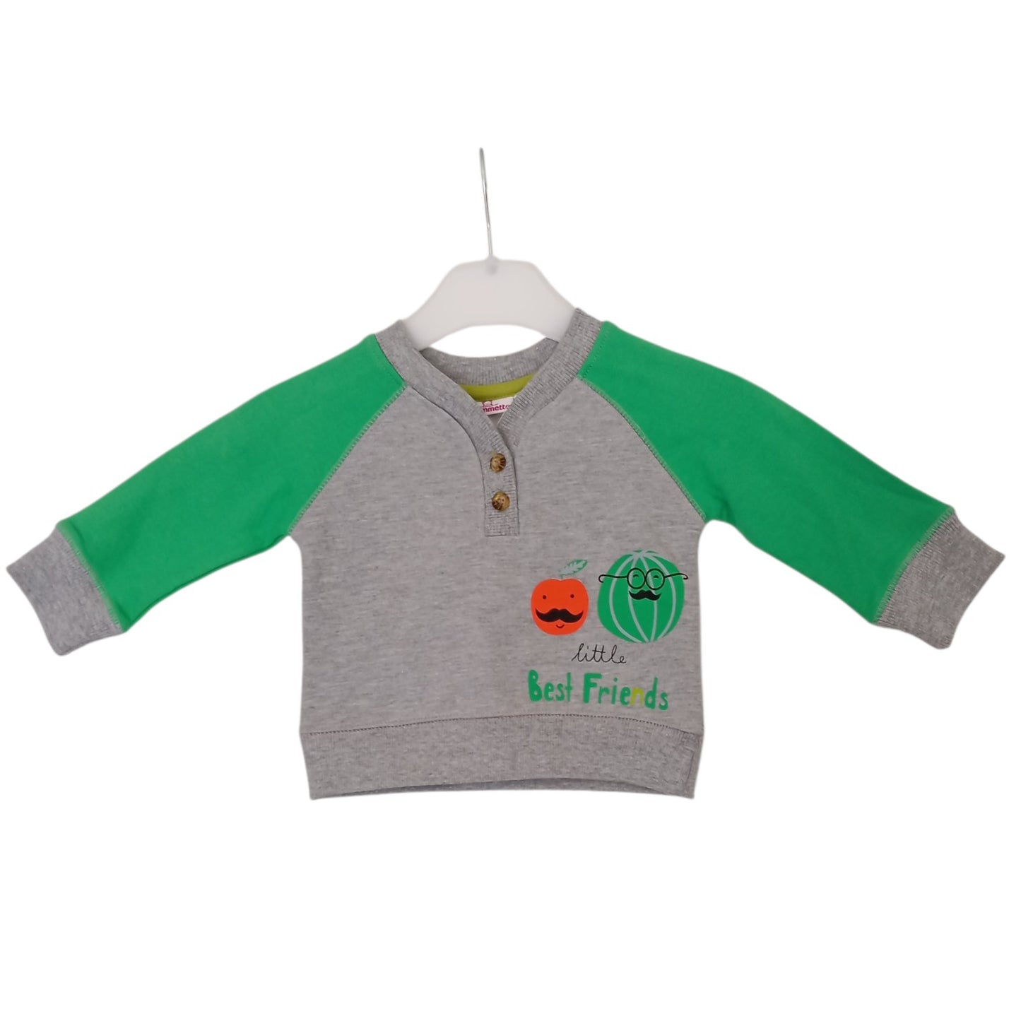 Sweat Bébé Garçon Gris et Vert Pommette « Little Best Friends » – 92 % Coton – 6 à 18 Mois