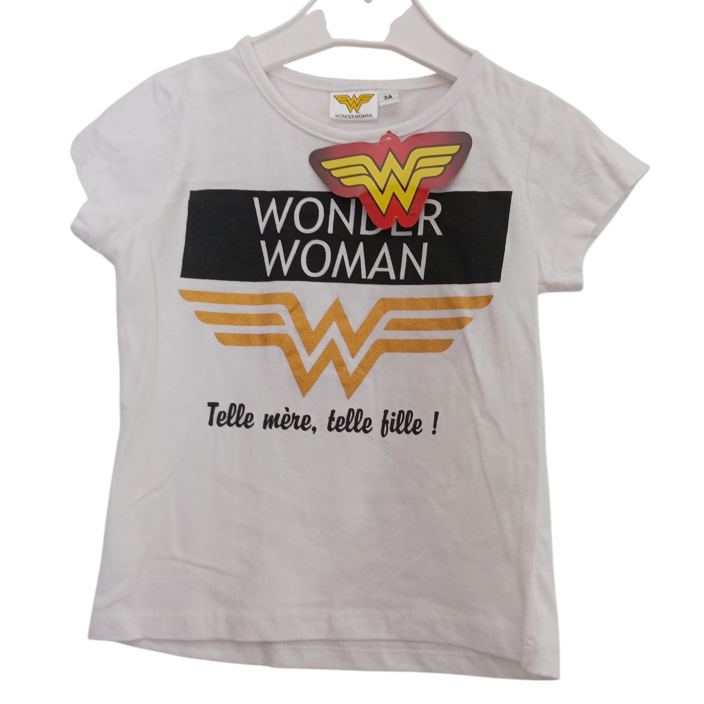 T-shirt Wonder Woman Fille Blanc – « Telle Mère Telle Fille » – 100 % Coton – Tailles 3, 4 et 5 Ans
