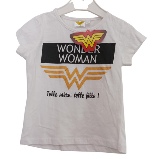 T-shirt Wonder Woman Fille Blanc – « Telle Mère Telle Fille » – 100 % Coton – Tailles 3, 4 et 5 Ans