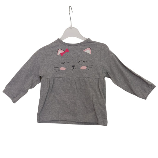T-shirt bébé fille Pommette gris manches longues chat à nœud rose – 6 mois