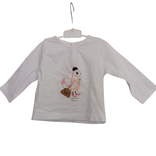 T-shirt bébé fille Pommette blanc manches longues motif poule « Comme Maman » – 6 mois