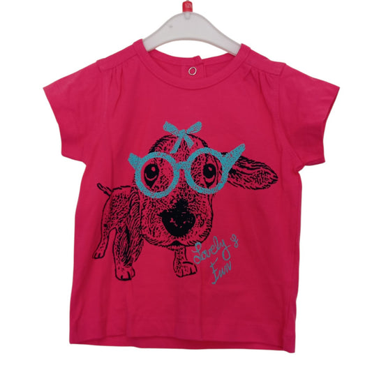 T-shirt bébé Pommette rose fuchsia 12 mois – chien à lunettes « Lovely & Fun »