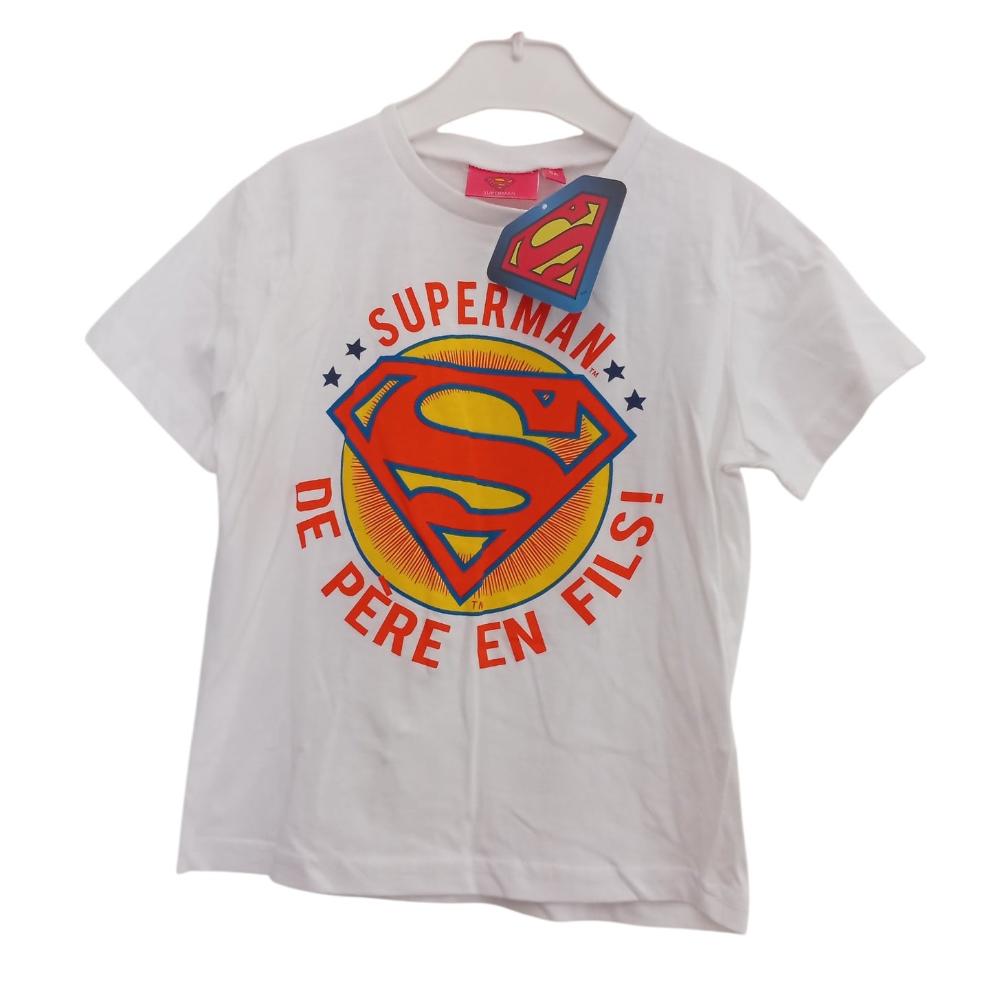 T-shirt Superman Enfant Blanc – « De Père en Fils » – 100 % Coton – Tailles 5 et 6 Ans