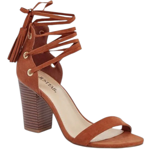 Sandales à talon JustFab Python Cognac – Taille 41 – Talon 8 cm – Laçage cheville femme