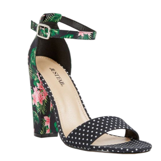Sandales à talon JustFab Lena Noir Fleuri – Taille 40,5 – Talon 11 cm Femme
