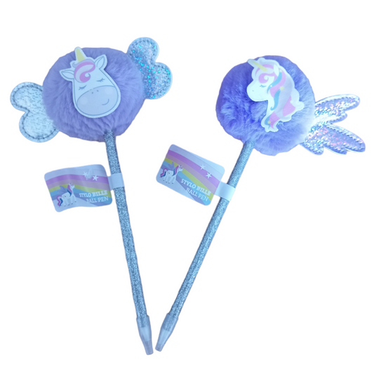 Stylo pailleté avec pompon licorne 2 variantes